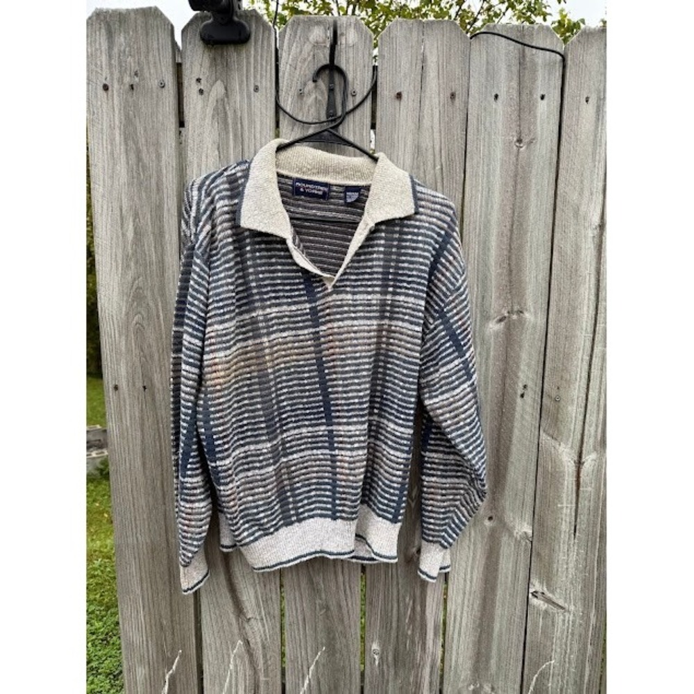 Vintage Grandpacore Roundtree & Yorke Knit Polo Sweater Medium Blue Plaid 90s